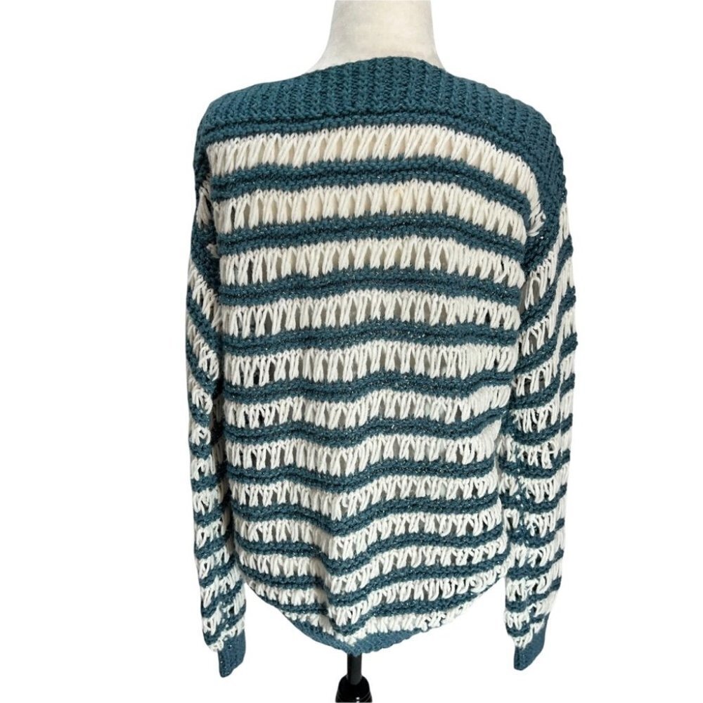 Unique! Vintage Hand Knit Open Weave Sweater White/Teal Size M/L - Picture 7 of 10